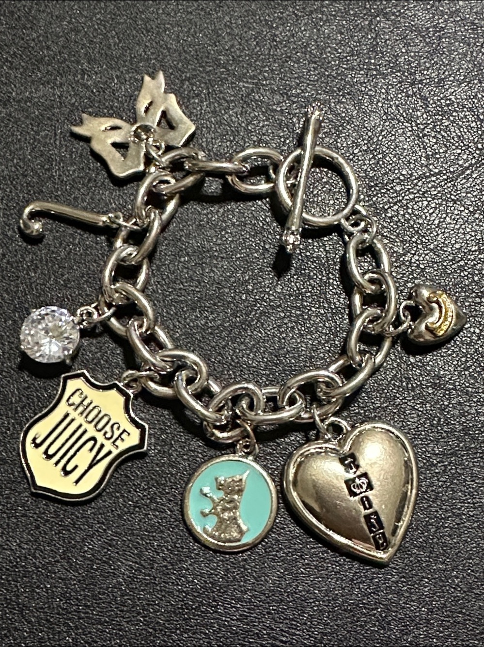 Juicy Couture Vintage Silver Tone Fixed Charm Toggle Bracelet